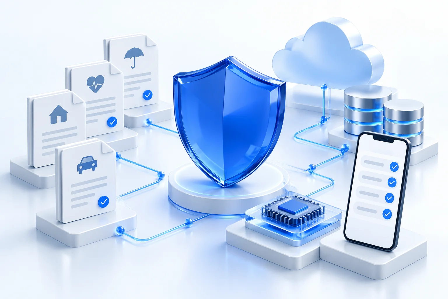Digital insurance documents connected to secure cloud storage and automated workflows
